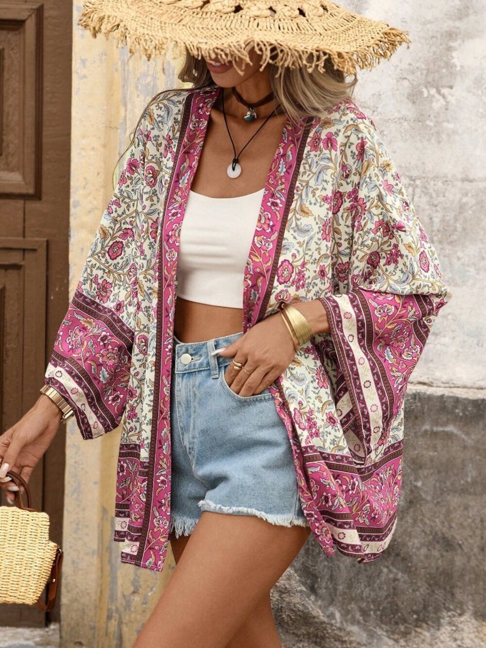 Women's Open Front Graphic Print Kimono top - Picture 6 of 7